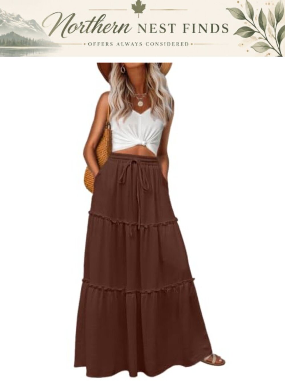 Women's Maxi Skirt Elastic Waist Pleated A-Line Flowy Swing Beach Boho with